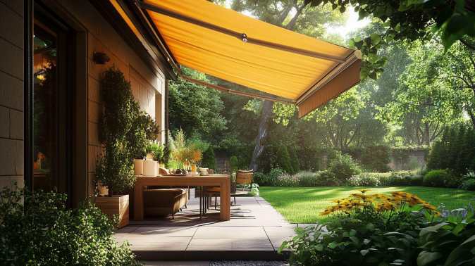 awning in a backyard protecting a table from the sunlight