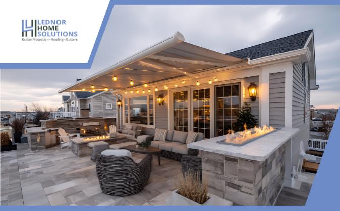 modern retractable awning with lights on