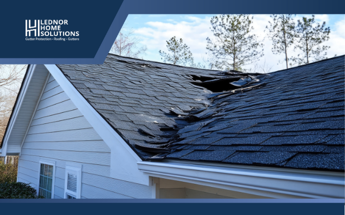 Close-up of heavily damaged roof requiring repair