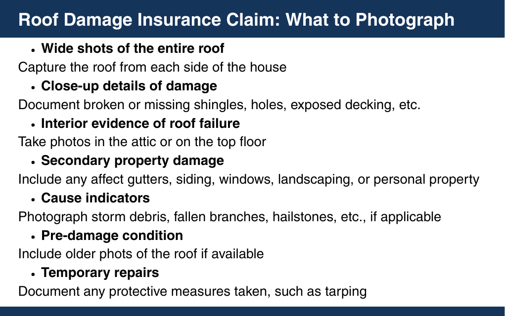Guide for roof damage claim photos-wide shots-close-ups-interior evidence