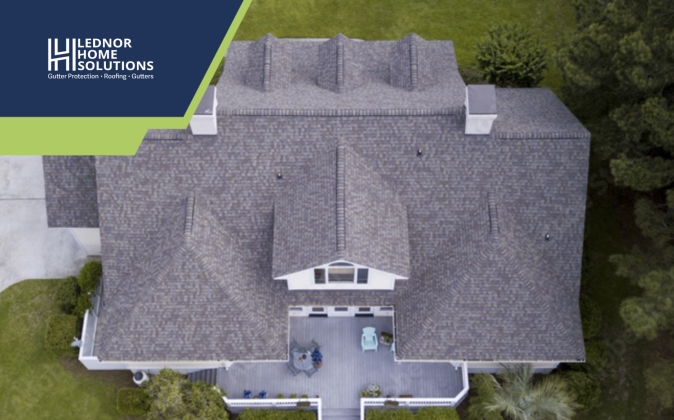 Aerial view of shingled house roof