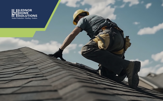 Roofer working on shingled roof